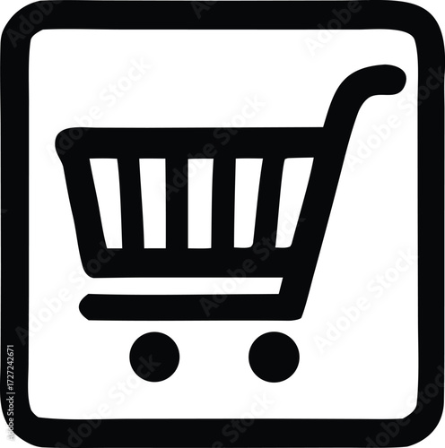 Simple black and white shopping cart icon for online stores and e-commerce websites symbolizing purchases and consumerism