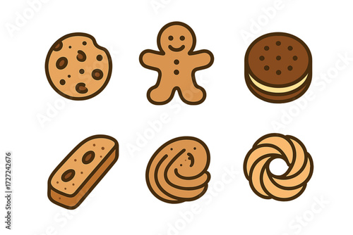 Delicious baked cookies and sweet biscuits assortment with gingerbread, chocolate chip, and sandwich varieties