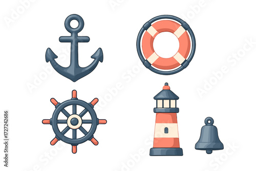 Nautical marine symbols like anchor, lifebuoy, ship wheel, lighthouse, and bell for sea travel and adventure