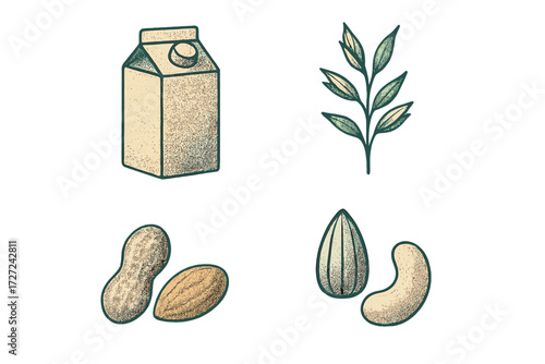 Plant based milk carton with various nuts including almond cashew peanut and a leafy green branch for healthy vegan food ingredients