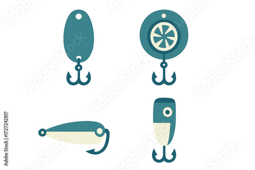 Assortment of different fishing lures and hooks for recreational angling and sport fishing activities, essential tackle for fishermen