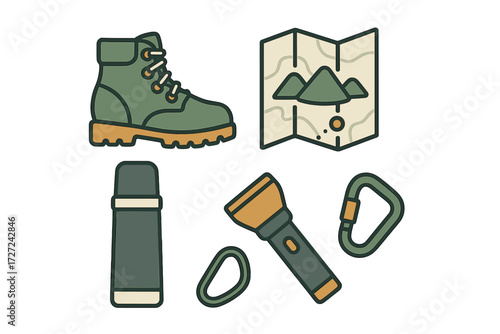 Collection of outdoor adventure equipment including hiking boot, folded map, thermos, flashlight, and carabiners for camping and exploration