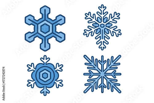 Collection of stylized blue snowflake patterns and frosty crystal designs for winter and cold weather themes