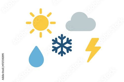 Diverse weather condition symbols featuring sun cloud raindrop snowflake and lightning bolt for forecast applications and climate representation