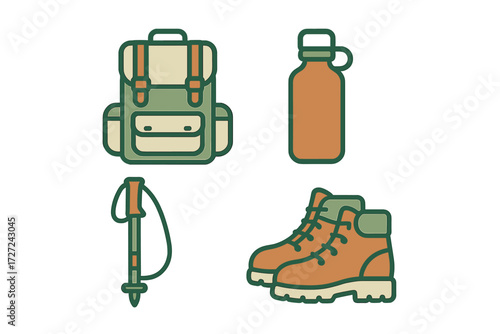 Essential outdoor adventure gear set featuring backpack water bottle trekking pole and sturdy hiking boots