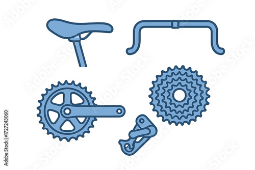 Collection of essential bicycle components including saddle, handlebars, chainring, cassette, and derailleur