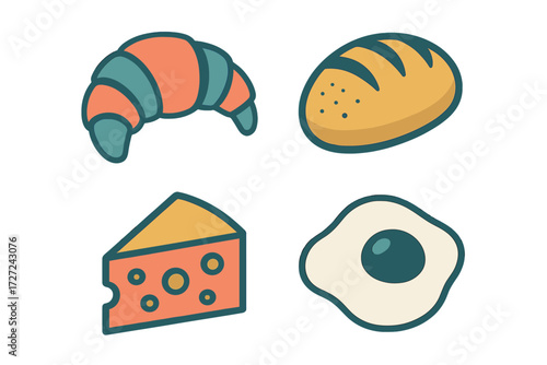 Delicious breakfast and bakery items featuring a golden croissant, fresh bread, cheese, and a perfectly cooked fried egg, ready for a morning meal