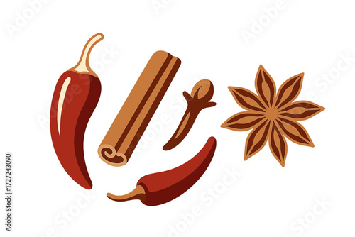 Assortment of aromatic culinary spices including red chili peppers, cinnamon sticks, cloves, and star anise
