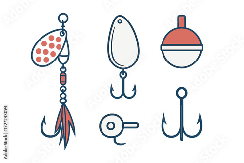 Essential fishing tackle set featuring spinner bait, spoon lure, bobber, and various hooks for sport angling