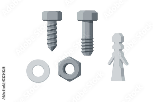 Various metal fasteners and hardware components including screws, bolts, nuts, washers, and wall anchors