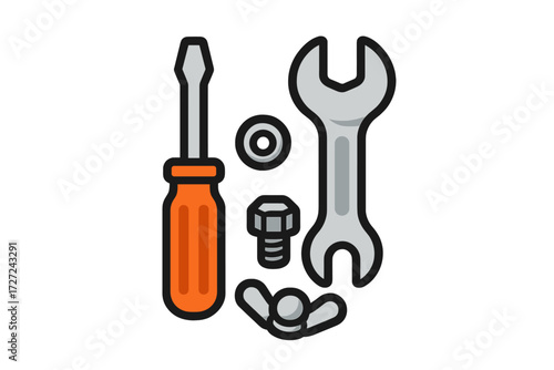 Hand tools and hardware components: screwdriver, wrench, bolt, washer, and wing nut for repair and maintenance tasks