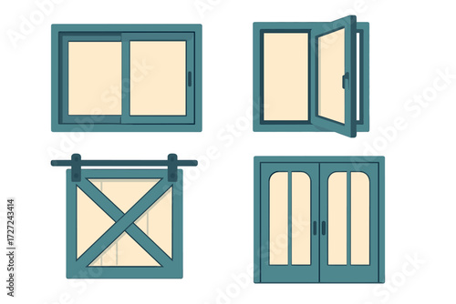 Various architectural elements including sliding windows, casement windows, barn doors, and french doors for building design