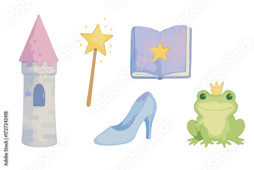 Enchanting watercolor fairytale elements including a castle, magic wand, open book, glass slipper, and frog prince character