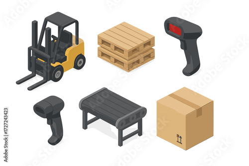 Isometric logistics and warehouse equipment set with forklift, pallets, barcode scanners, conveyor belt, and cardboard box