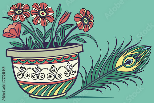 ornate ceramic pot, peacock feather, flowers, turquoise background, glossy, intricate patterns, vibrant colors, still life, high-resolution, detailed, photorealistic