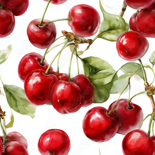 Seamless Pattern of Realistic Cherries with Green Leaves on White Background
