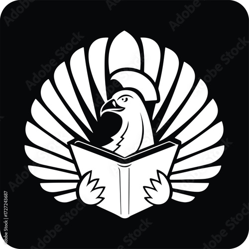 Rooster Reading Book Logo Mascot Illustration For Education, Library, Knowledge Branding