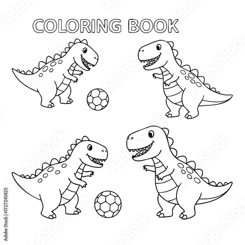 Engaging coloring book design featuring playful dinosaurs interacting with soccer balls in a fun layout.