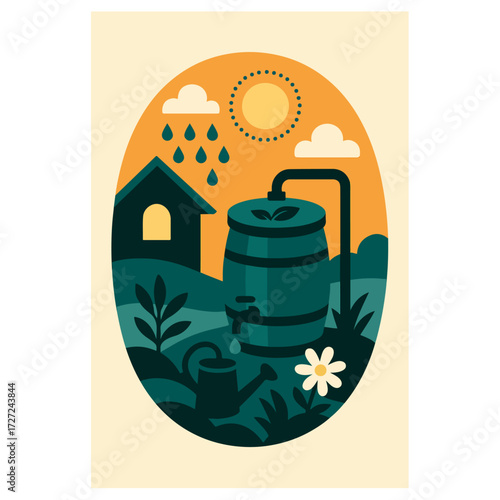 Rainwater Harvesting Barrel — Home Water Conservation & Garden Irrigation (Vector)
