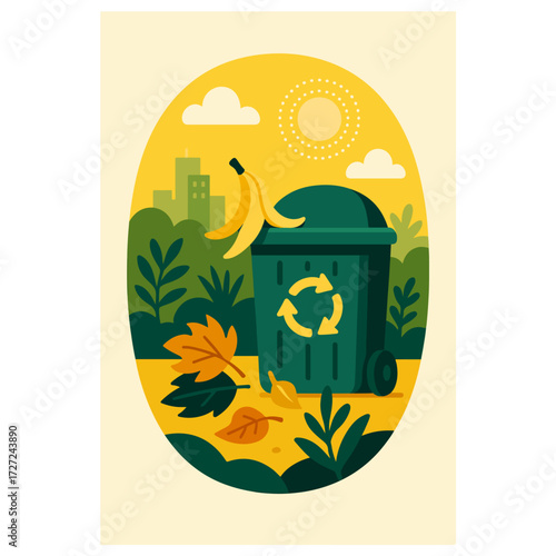 Backyard Compost Bin — Organic Waste Recycling & Zero-Waste Lifestyle (Vector)