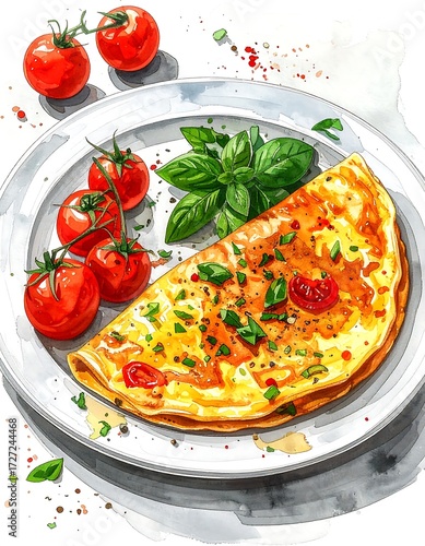 Watercolor omelet and cherry tomatoes