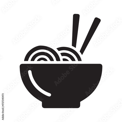 Minimalist Black Vector Icon of Noodles and Chopsticks in Bowl