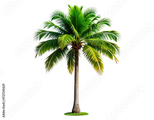 Tall Tropical Palm Tree with Lush Green Leaves, Straight Trunk, Isolated on White