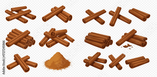 A collection of aromatic cinnamon sticks and a pile of ground cinnamon powder, presented in various arrangements.