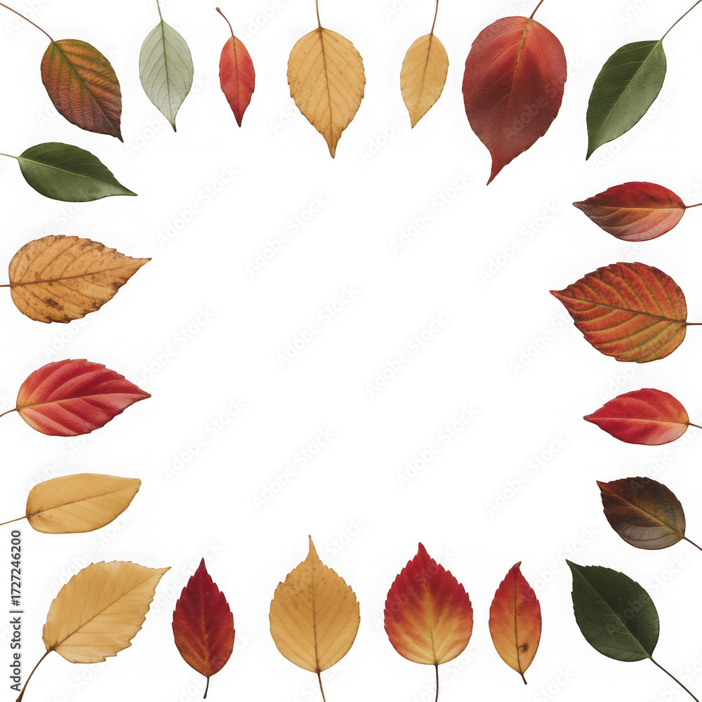 Obraz premium Colorful autumn leaves arranged in a circle isolated on transparent background.
