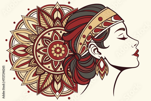 detailed ornate goddess face, intricate ethnic indigenous symmetrical patterns, mandala design, deep colors, high detail, digital art