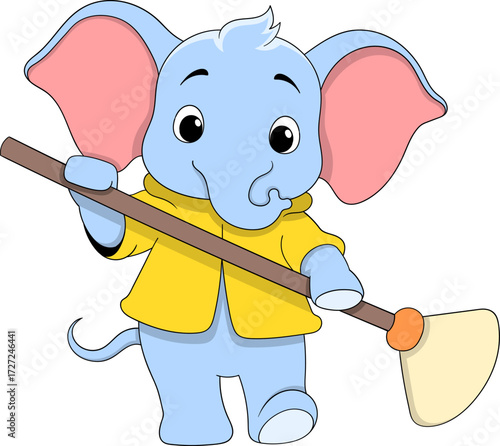 Cartoon Elephant Holding a Broom Illustration