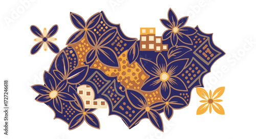 Abstract floral patterns in blue and gold with geometric accents, evoking traditional textile art and decorative design elements