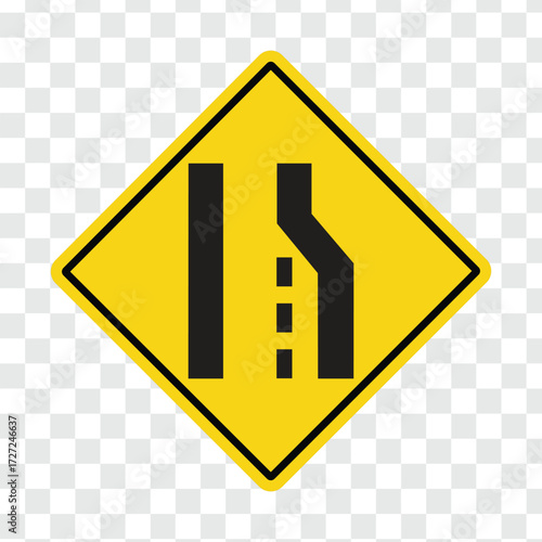 Right lane ends ahead warning road sign transparent
