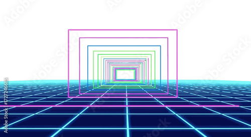 A geometric perspective of neon-colored rectangles receding into the distance, creating a tunnel effect.