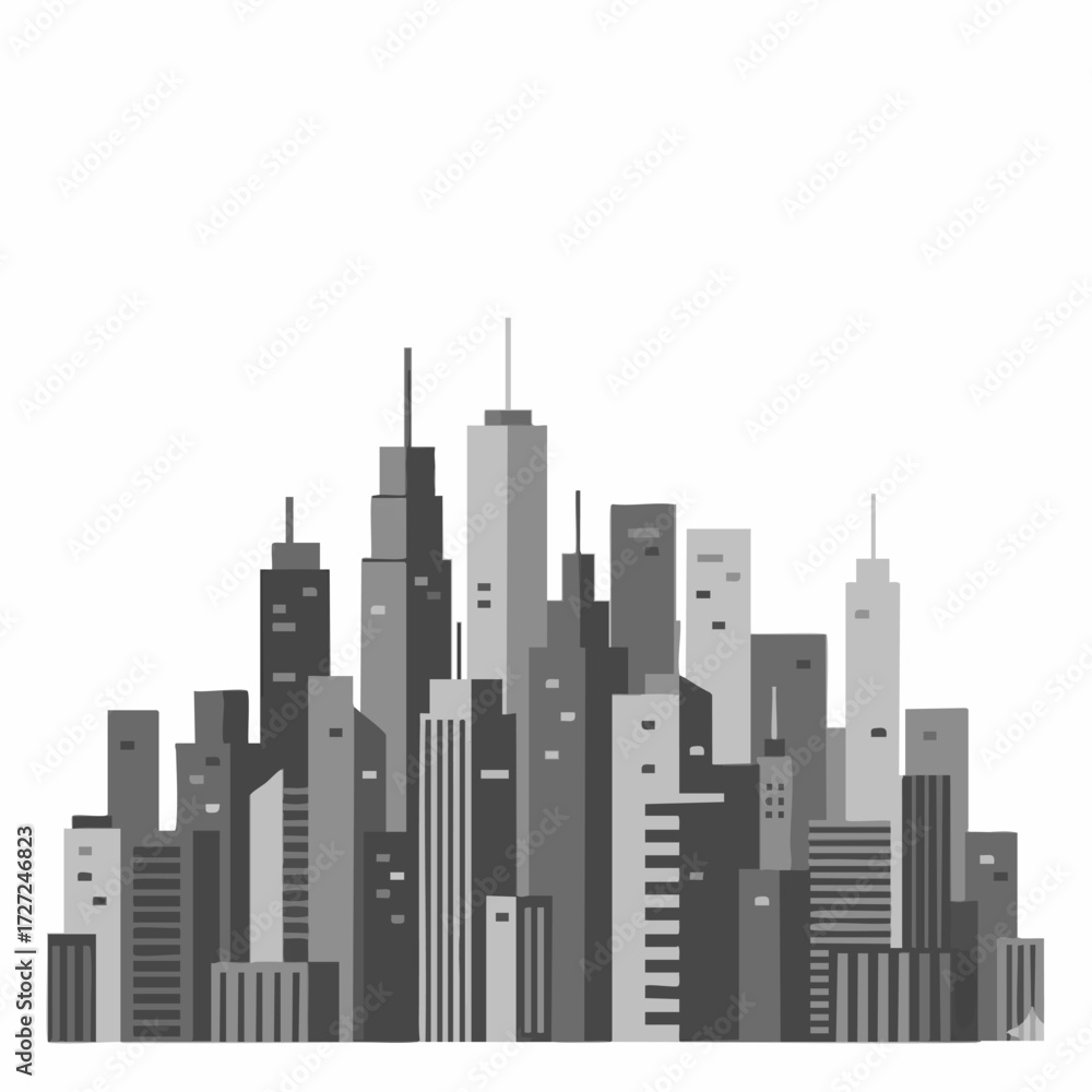 Fototapeta premium Abstract cityscape illustration with a variety of tall buildings in shades of grey and white against a plain white background, representing urban development and city skylines