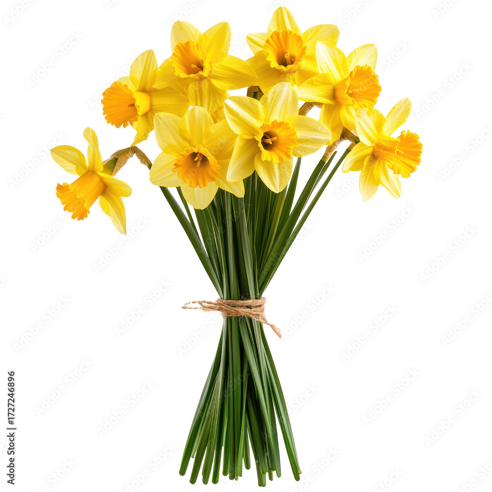 Fototapeta premium A bouquet of yellow daffodils with green stems and leaves, tied with a string.