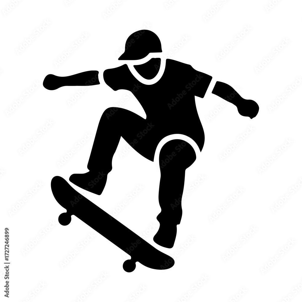 Fototapeta premium Flat Vector Silhouette Skateboarder Performing Trick on White Background