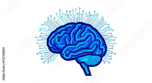 A blue brain graphic with circuit-like connections radiating outwards, set against a white background.