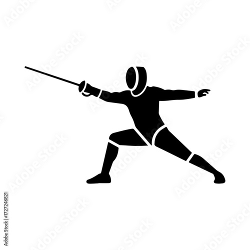 Black Flat Vector Fencer Silhouette Icon in Lunge on White Background