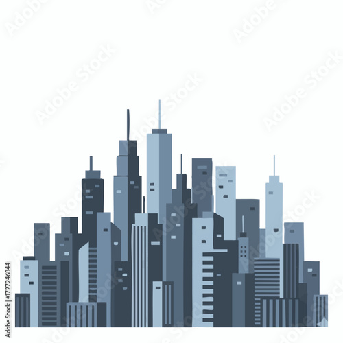 A graphic illustration of a cityscape featuring numerous tall buildings and skyscrapers against a white background, representing urban development