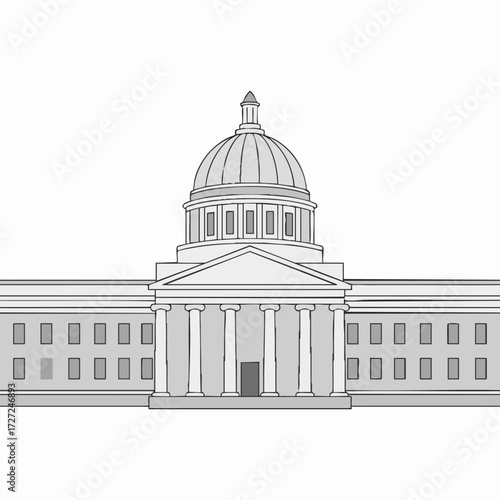 Monochrome line art illustration of a neoclassical government building with a dome, symbolizing law, justice, and authority