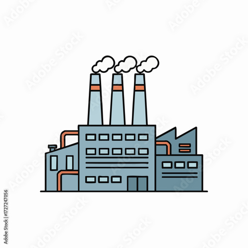 Industrial factory plant illustration with smoking chimneys, a symbol of manufacturing, energy production, and environmental air pollution