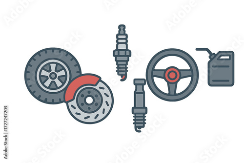 Automotive components set featuring a wheel, brake disc, spark plug, steering wheel, and fuel container
