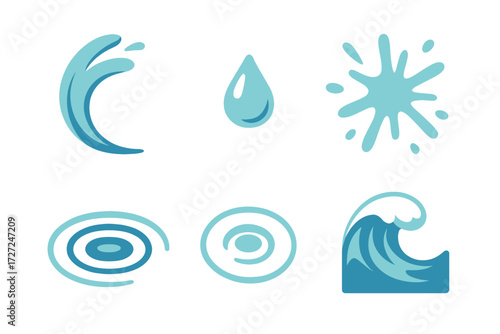 Stylized collection of blue water elements depicting splashes, drops, waves, and concentric ripples