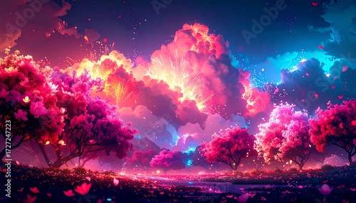 Vibrant, glowing landscape with pink trees, fiery clouds, and falling petals