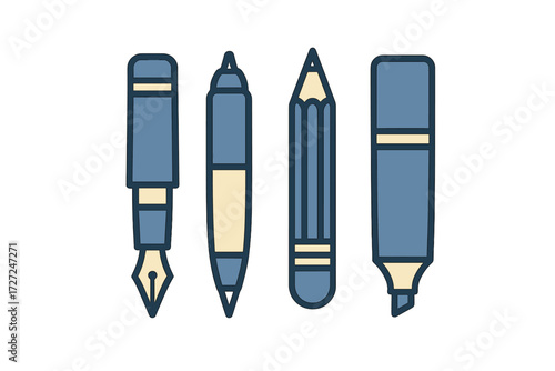 Assortment of essential writing and drawing instruments including fountain pen, mechanical pencil, wooden pencil, and highlighter for creative and office work