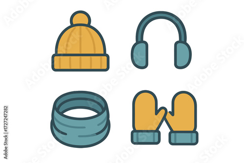 Essential winter clothing accessories set featuring a warm knit beanie hat earmuffs neck gaiter and cozy mittens