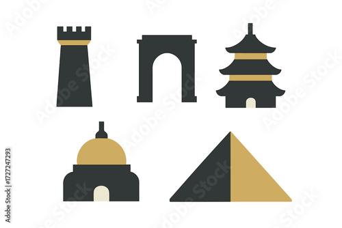 Stylized flat design of iconic world landmarks and famous architectural structures for global travel and tourism