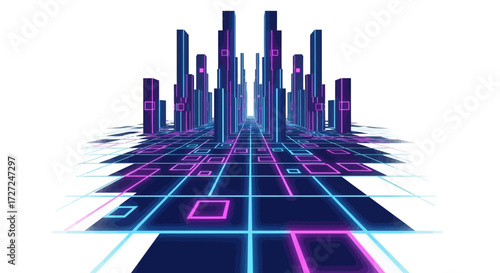 Vibrant abstract digital landscape featuring glowing neon lines and towering structures, symbolizing interconnected data, network architecture, and modern technology