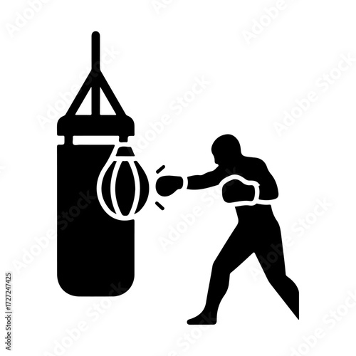 Flat Vector Silhouette Icon of Boxer Hitting Punching Bag
